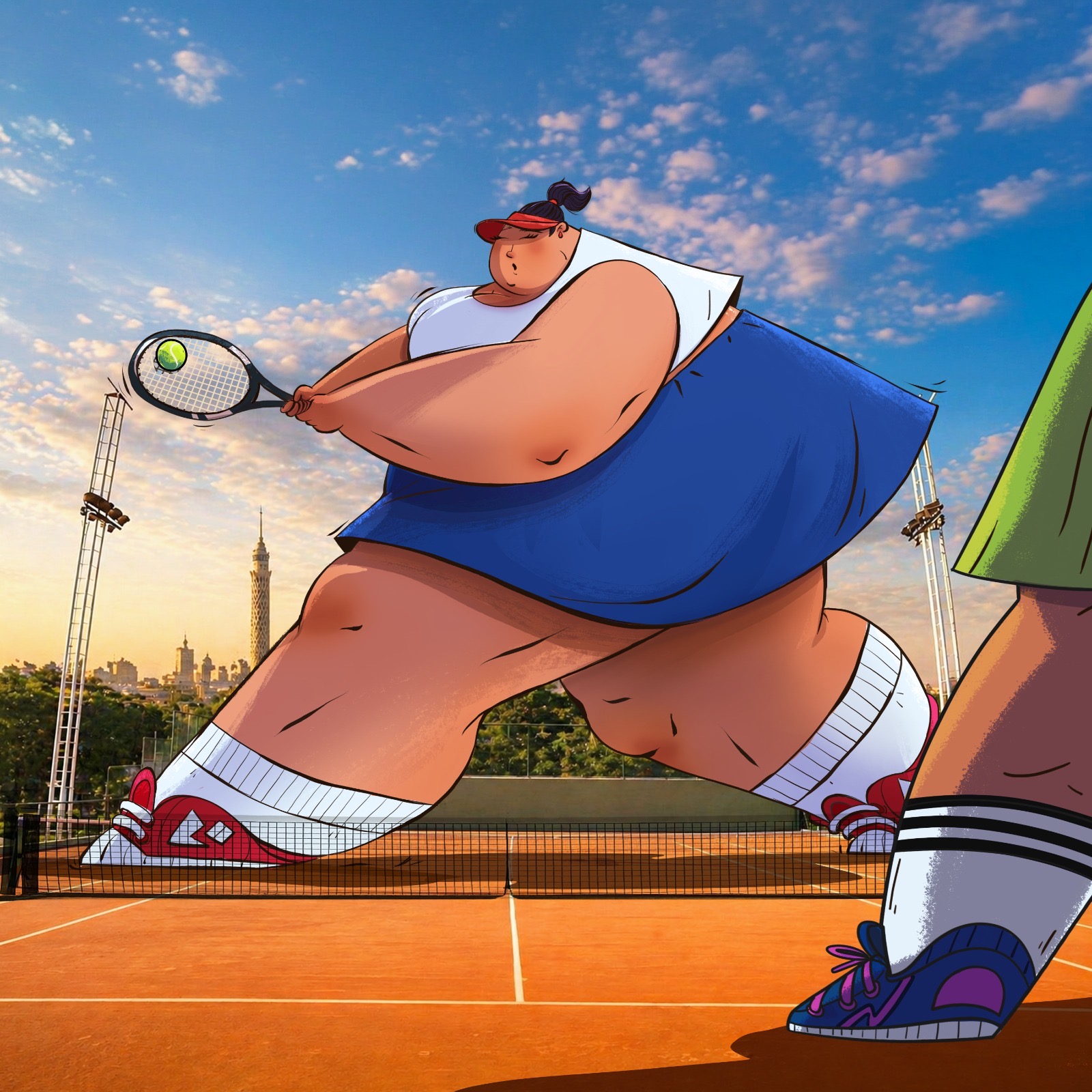 Oversized illustrated tennis player on a Cairo court
