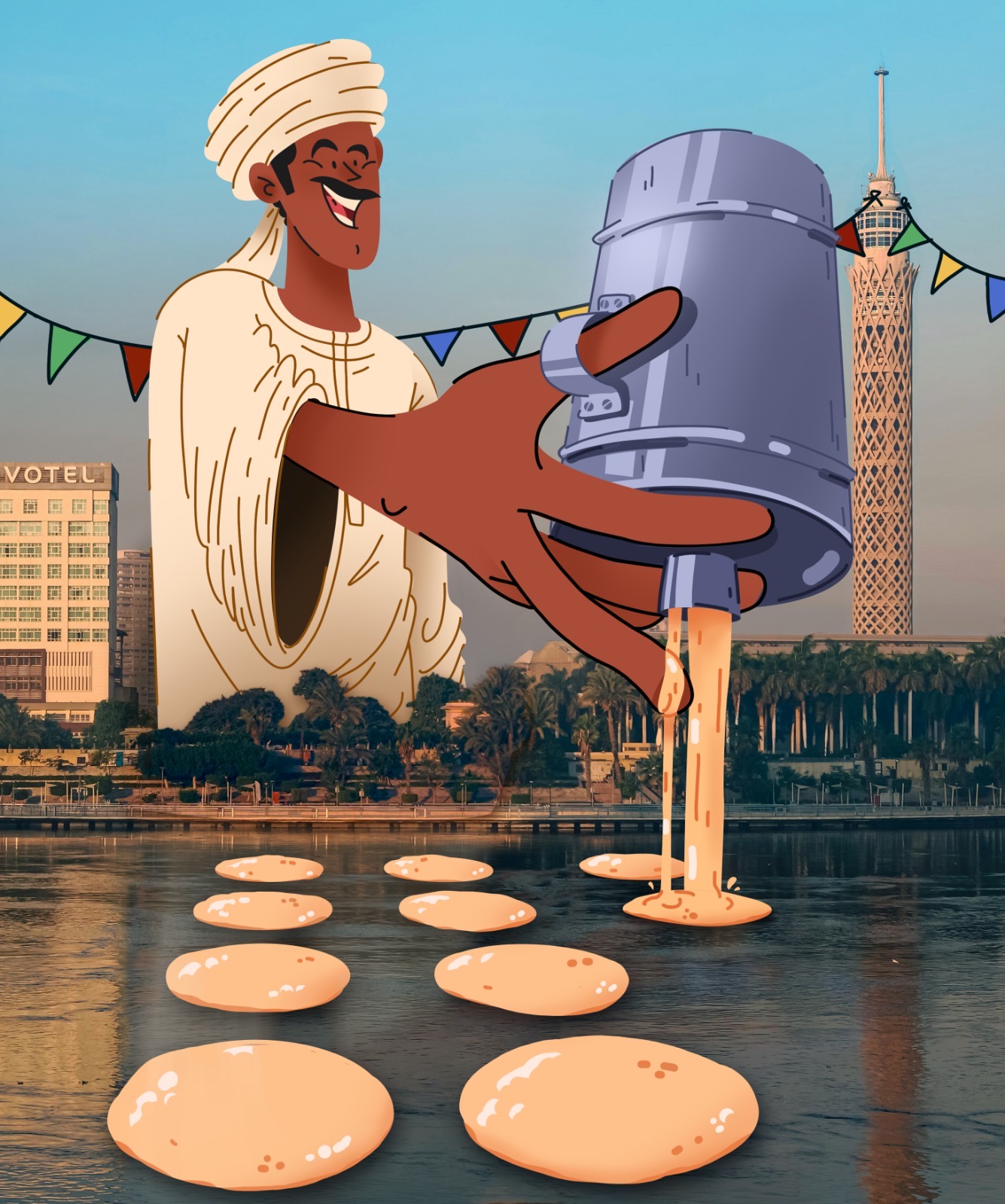 Illustrated maker pouring forms into the Nile