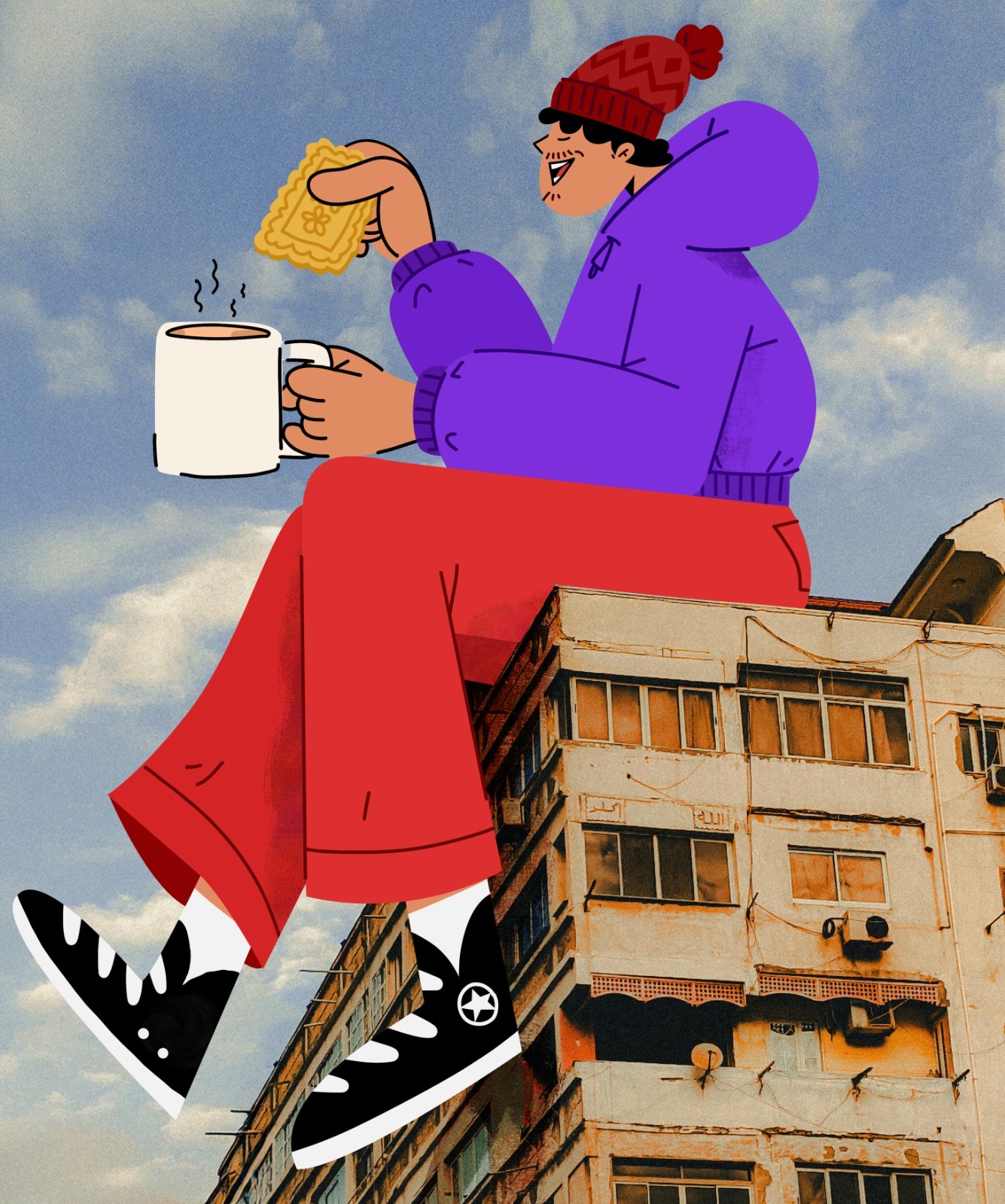Illustrated winter scene above Cairo buildings